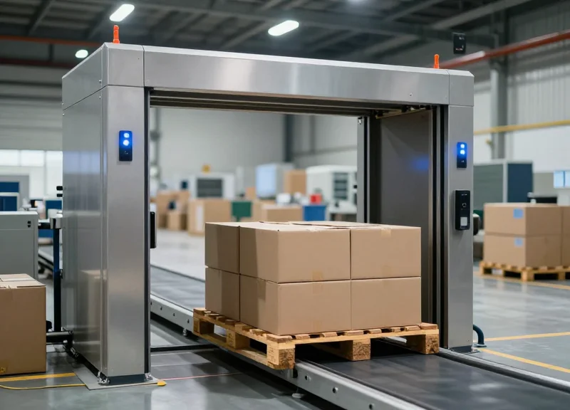 A high-tech industrial RFID tunnel reader scanning a pallet of boxes on a conveyor belt in a modern warehouse.