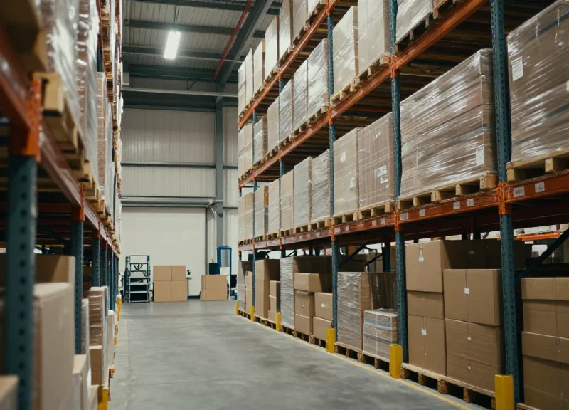 A high-tech 3PL warehouse with organized inventory and workers managing logistics operations.