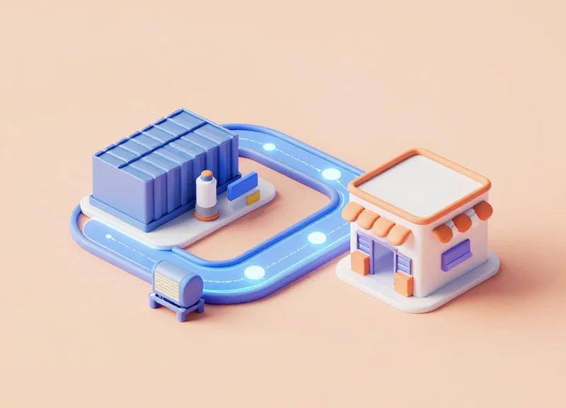 3D isometric model showing goods moving from a manufacturing plant to a retail outlet via a logistics path.