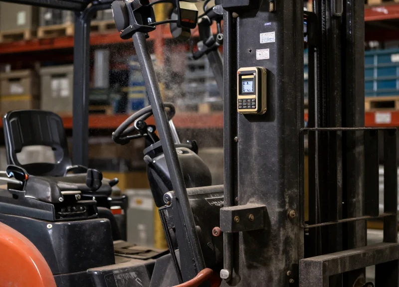 A ruggedized RFID reader being used in a harsh, dusty warehouse environment