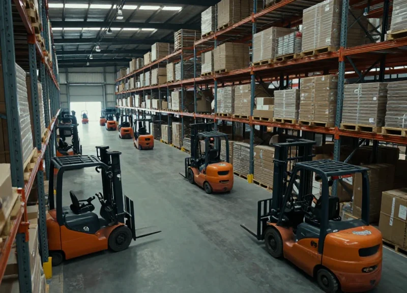 A wide cinematic shot of a busy industrial warehouse with forklifts and high shelving.