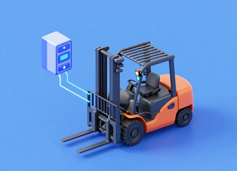 Isometric 3D view of a forklift with highlighted IoT sensor modules and signal connections.