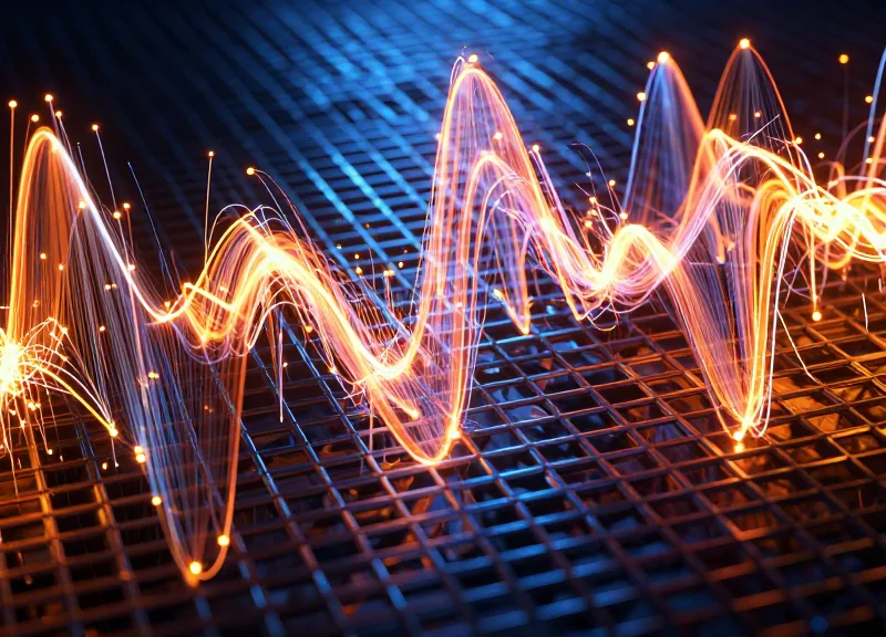 Abstract visualization of RFID signals being distorted and reflected by a metal grid structure.