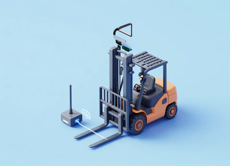 Isometric 3D model of a forklift carriage showing the specific mounting points for an RFID antenna.