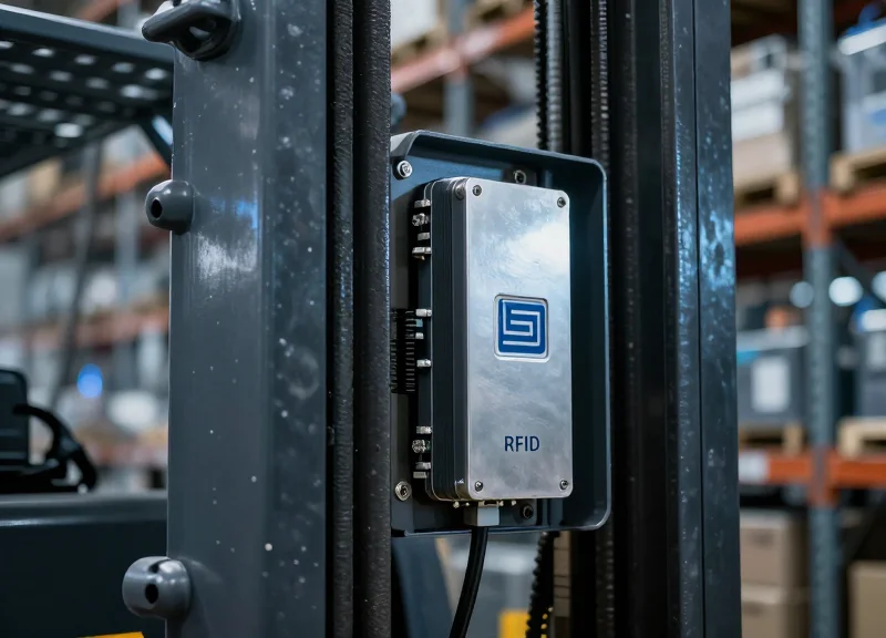 A professional close-up of an RFID reader with industrial metal shielding mounted on a forklift carriage, set against the backdrop of high-density metal warehouse racks.