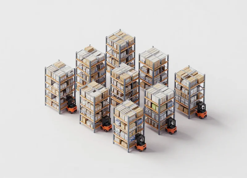 Isometric 3D model of a high-density warehouse storage system with automated paths