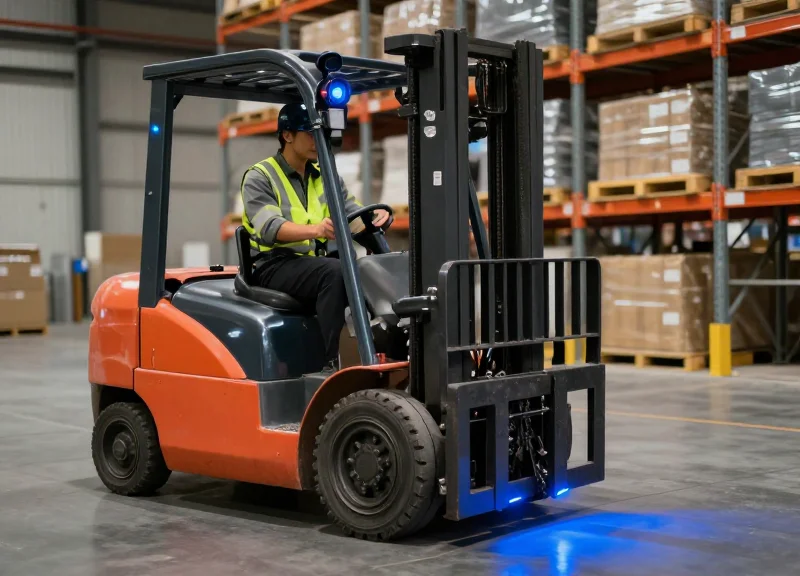 Warehouse safety scene showing a forklift with laser guidance lights operating near a worker