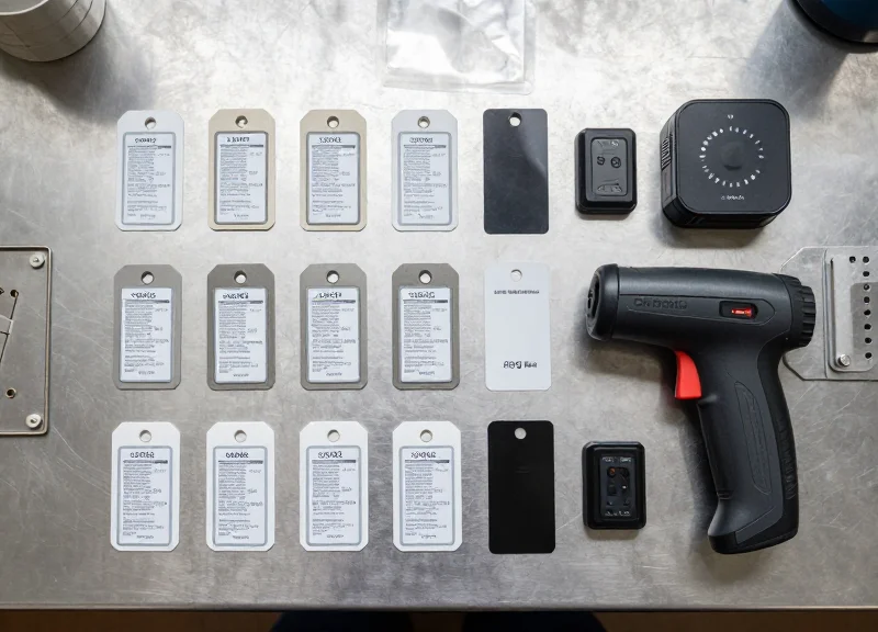 Industrial RFID hardware including tags and a handheld reader organized on a workbench.