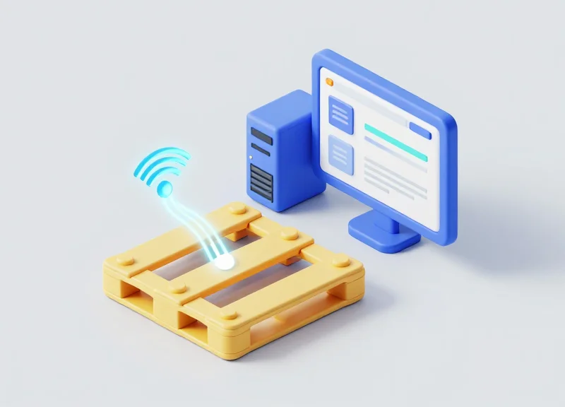 Isometric 3D model of a pallet connecting to a server through a digital signal.