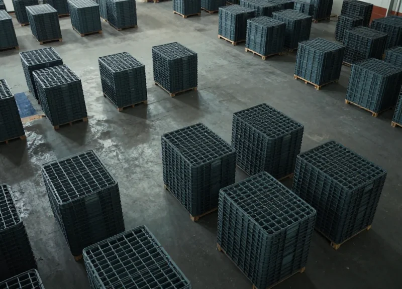 Large scale view of a messy industrial warehouse with scattered and missing shipping crates, highlighting the logistics crisis.