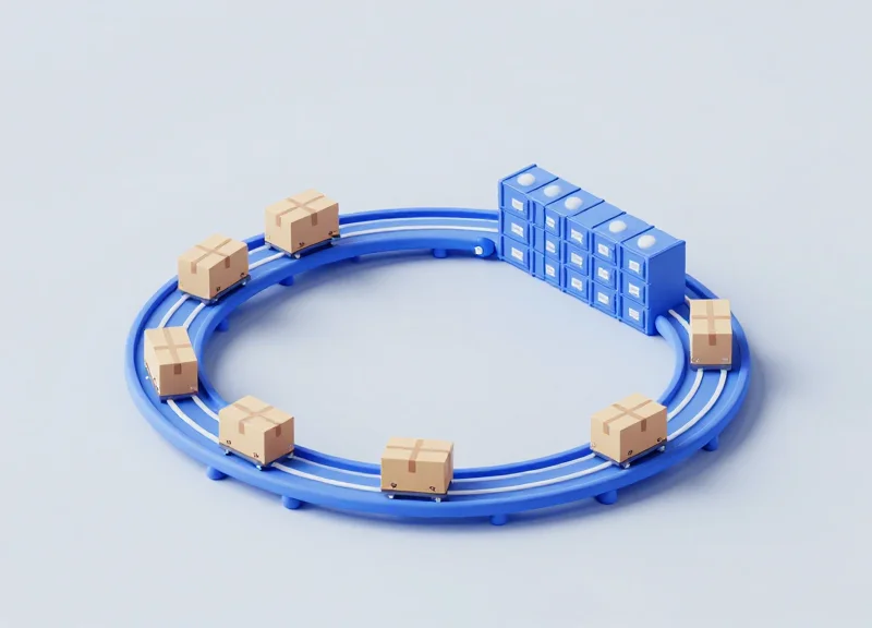 Isometric 3D model of a logistics loop with crates moving smoothly on a circular conveyor track.