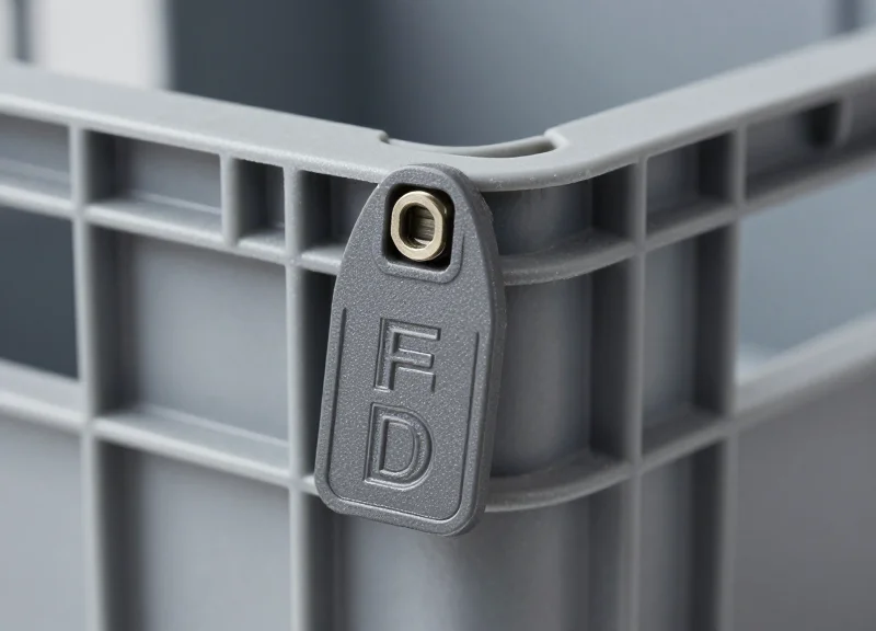 Close-up studio shot of a rugged, industrial RFID tag mounted on a plastic crate surface.