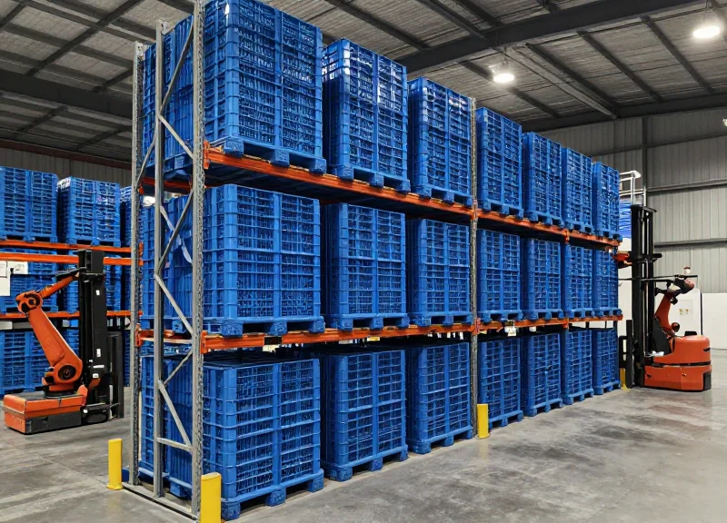Wide shot of a modern automated warehouse with organized blue plastic pallets