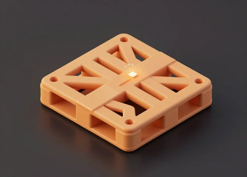 Isometric 3D view of a plastic pallet corner with an embedded RFID chip