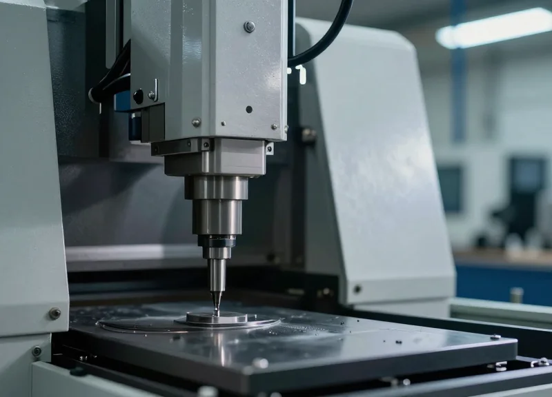 Close-up of a high-precision injection molding machine in an industrial setting