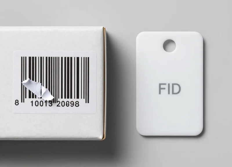 Side-by-side comparison of a damaged paper barcode and a durable RFID tag.