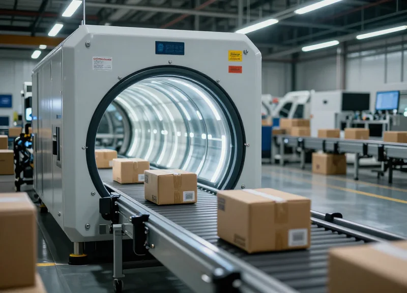 A high-tech e-commerce logistics center with a modern RFID tunnel integrated into a conveyor belt system during operation.