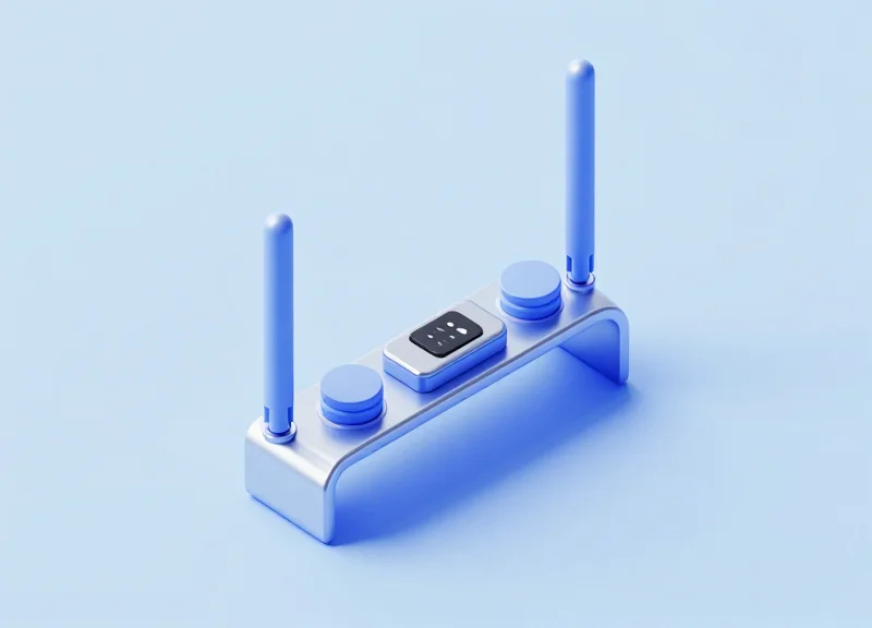 Isometric 3D model showing the hardware components of an RFID tunnel including antennas and sensors.