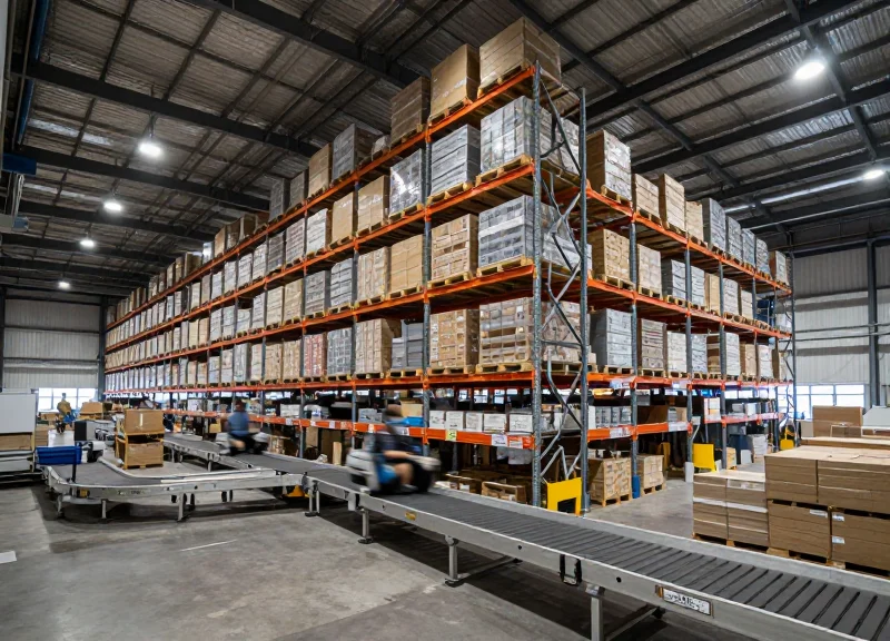 Wide cinematic shot of a sprawling modern warehouse with high-shelf racks and busy aisles, documentary style.