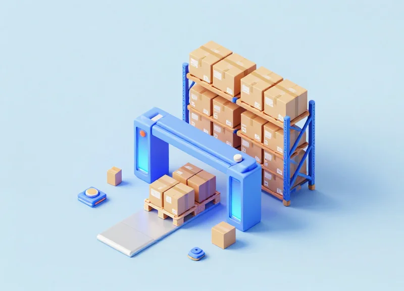 Isometric 3D model of a pallet of goods passing through a glowing RFID scanner gate.