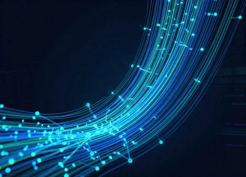 Abstract visualization of glowing data streams moving rapidly upwards, representing increased throughput.