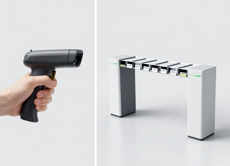 Visual comparison showing a manual handheld scanner on one side and an automated RFID portal on the other.