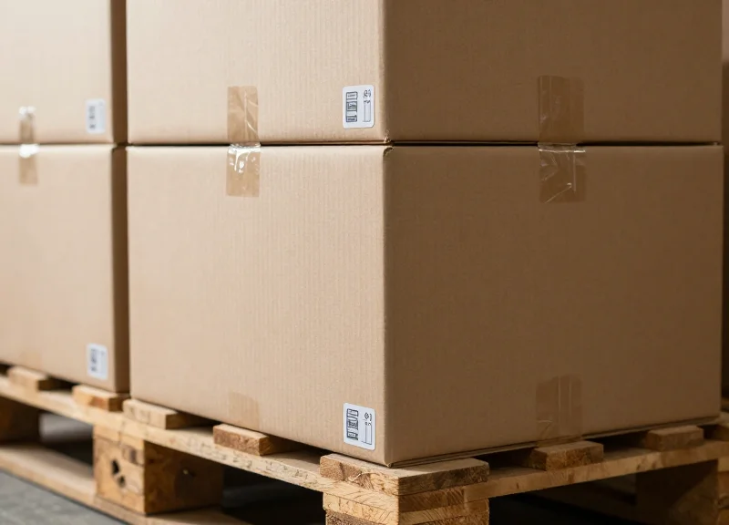 Close-up of stacked warehouse pallets with visible RFID tags being processed.