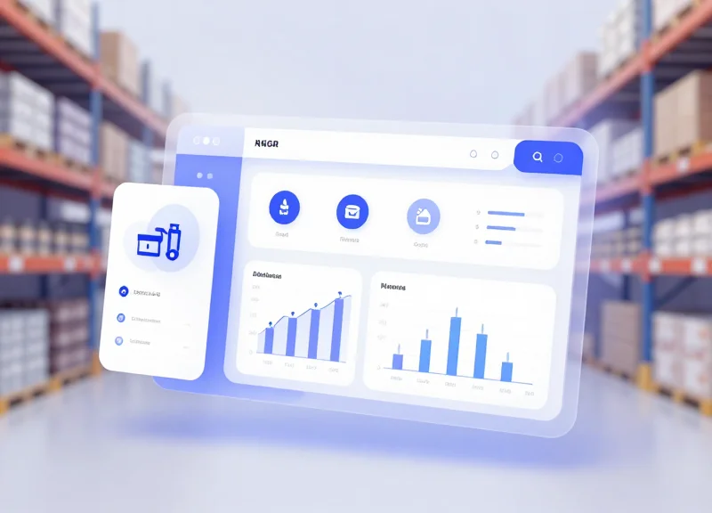 Conceptual user interface of a warehouse management system with floating digital cards and icons.