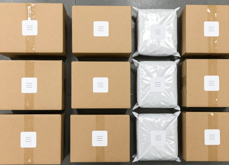 Top-down view of various packages with RFID tags neatly arranged on an industrial surface.