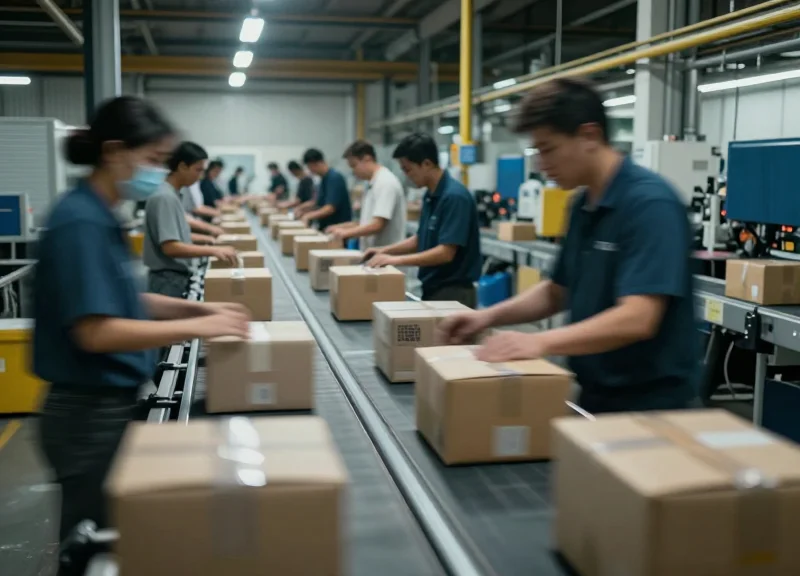 A high-speed industrial conveyor belt in a busy warehouse with packages moving fast, motion blur, cinematic lighting.