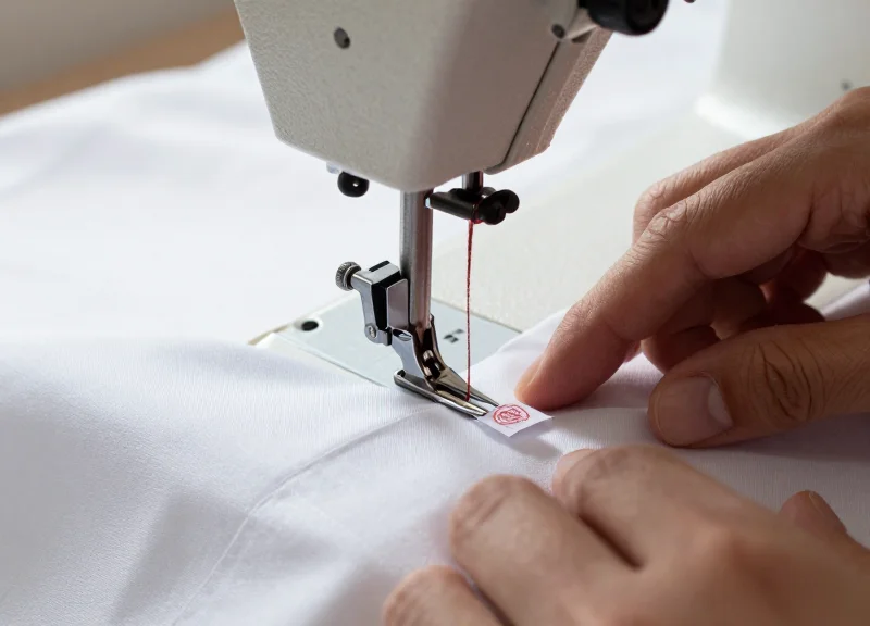 A close-up of a textile tag being sewn onto a linen sheet