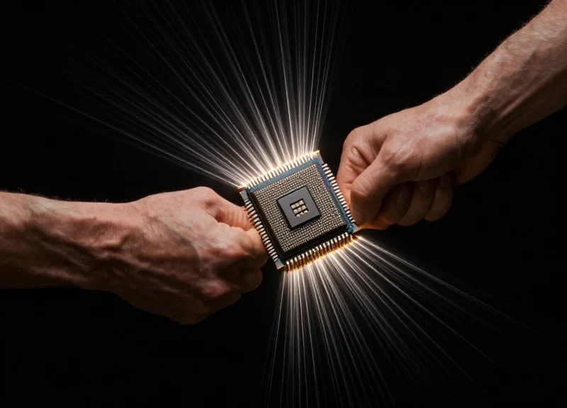 Surreal illustration representing structural stress and failure of a microchip under intense pressure.