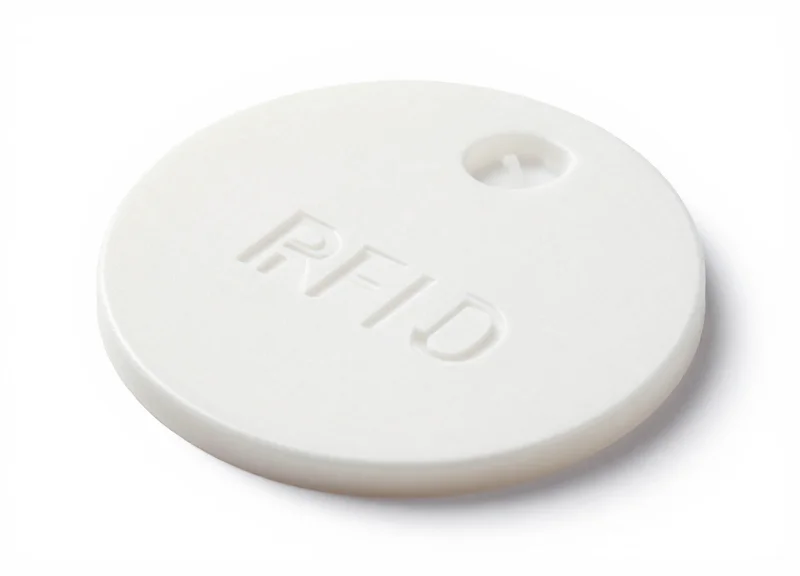A durable, industrial-grade RFID tag designed for linen integration on a white background.
