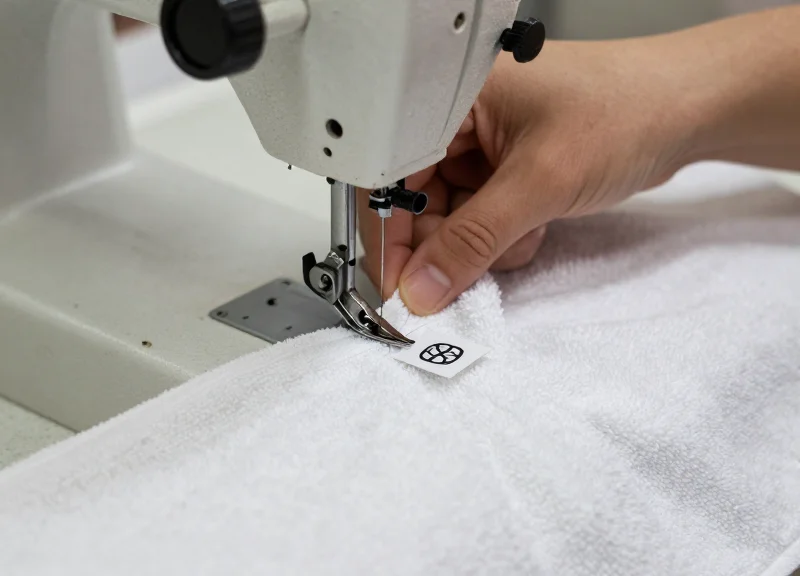 Close-up of an industrial sewing machine stitching an RFID tag into a linen hem.