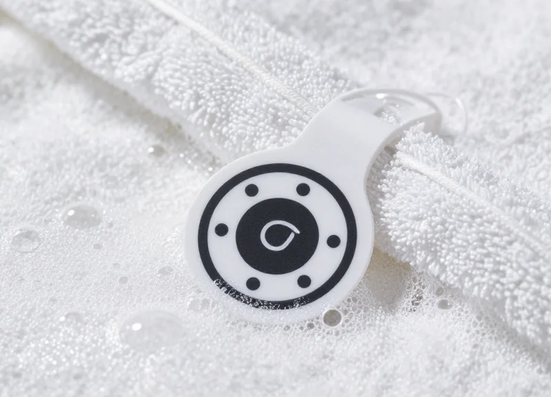 Close-up of a durable RFID tag attached to a towel inside a professional industrial washing machine with water and bubbles.