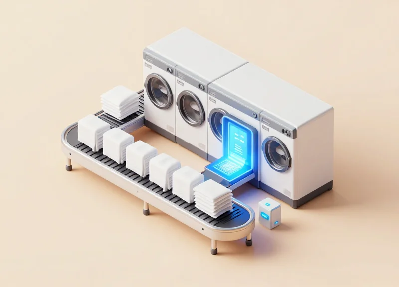 An isometric 3D model of a hotel laundry scanning station with linens moving through an automated RFID reader portal.