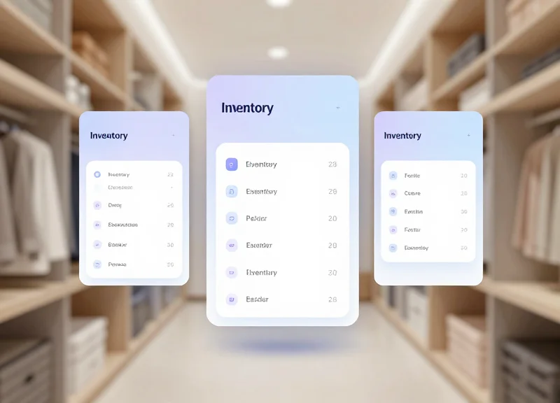 Modern abstract user interface dashboard showing inventory levels with glassmorphism effects.