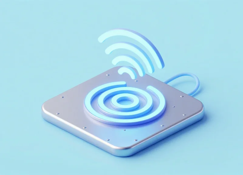 A 3D isometric illustration showing radio waves interacting with a metal surface and an RFID tag.