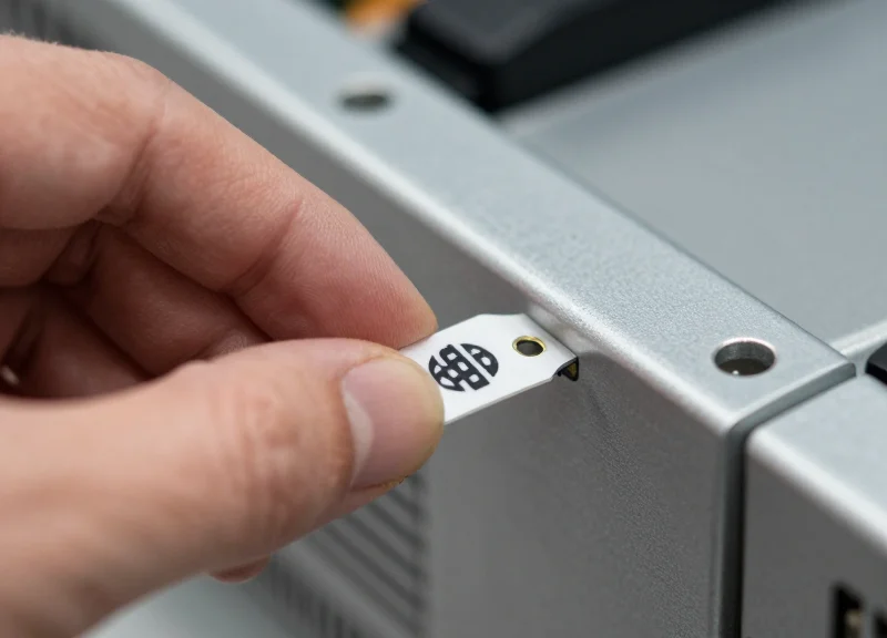 A technician's hand mounting a small RFID tag onto a server rack chassis.