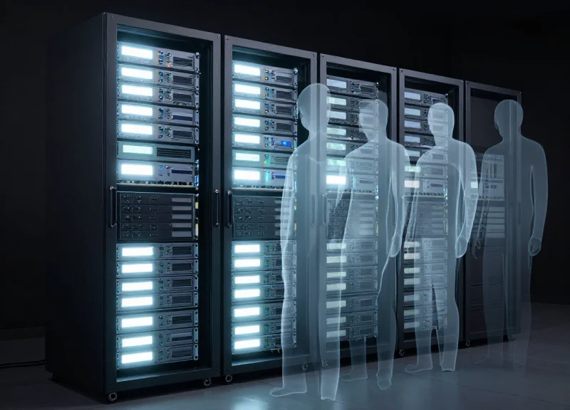 Surreal illustration of a data center rack with semi-transparent ghost-like server outlines mixed with solid glowing hardware.