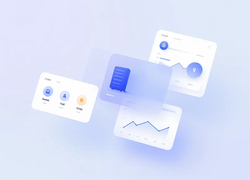 A conceptual software interface showing asset management cards and connectivity status with glassmorphism effects.