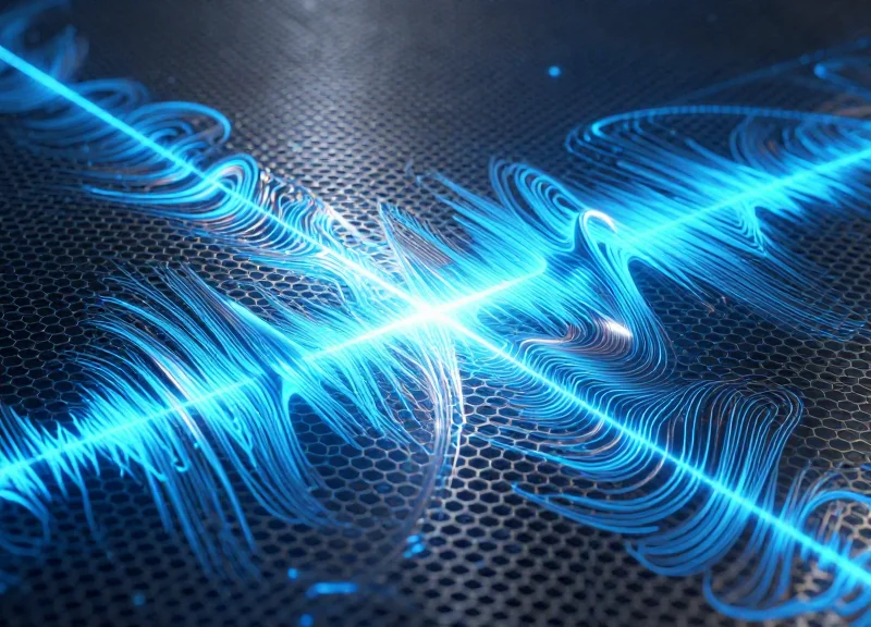 Abstract visualization of radio frequency waves bouncing off a metallic surface representing RFID physics.
