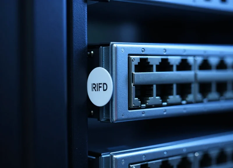 Close-up of an RFID tag mounted on the side of a network switch in a data center.