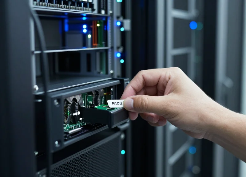 Technician installing an RFID tag on a blade server chassis.