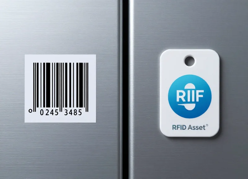 A side-by-side visual comparison of a traditional paper barcode and a sleek modern RFID asset tag on a server chassis.