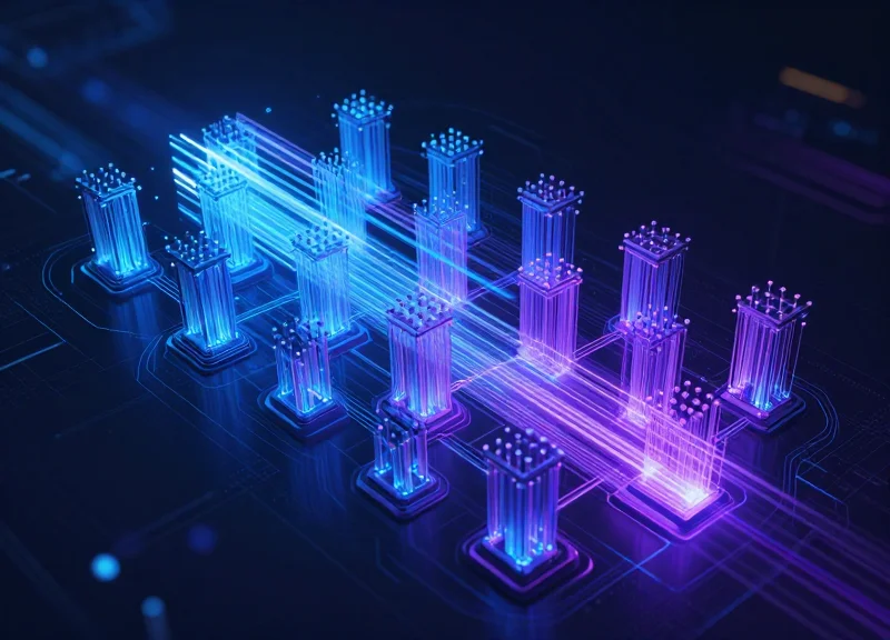 Abstract visualization of hyper-scale data center trends with glowing data streams and AI network nodes.