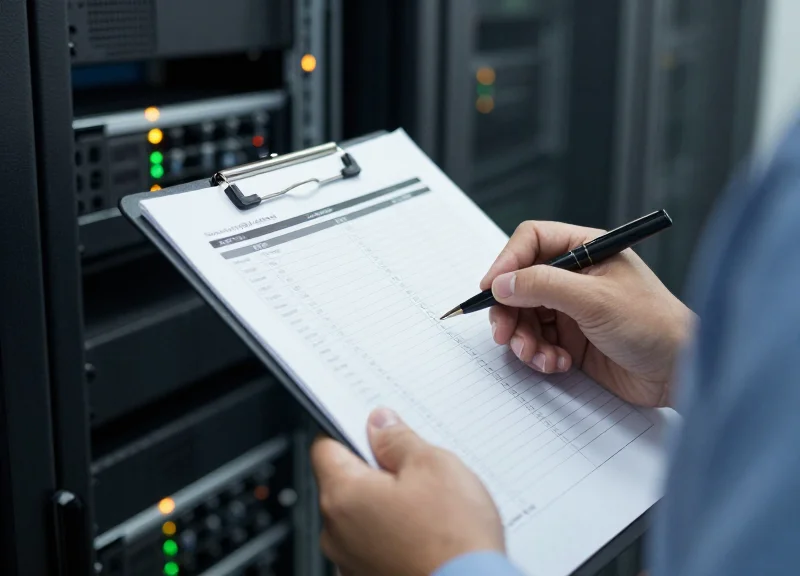 Close-up of a technician manually checking server serial numbers with a clipboard, emphasizing the complexity of manual audits.