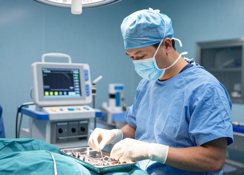 A modern 2026 surgical environment showing a healthcare professional using digital tracking for instrument kits.
