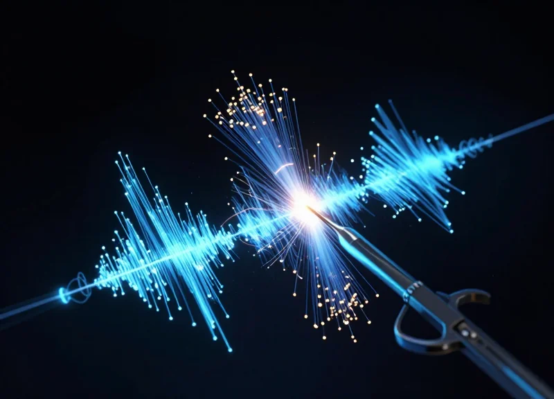 Abstract visualization of radio frequency waves interacting with medical instruments.