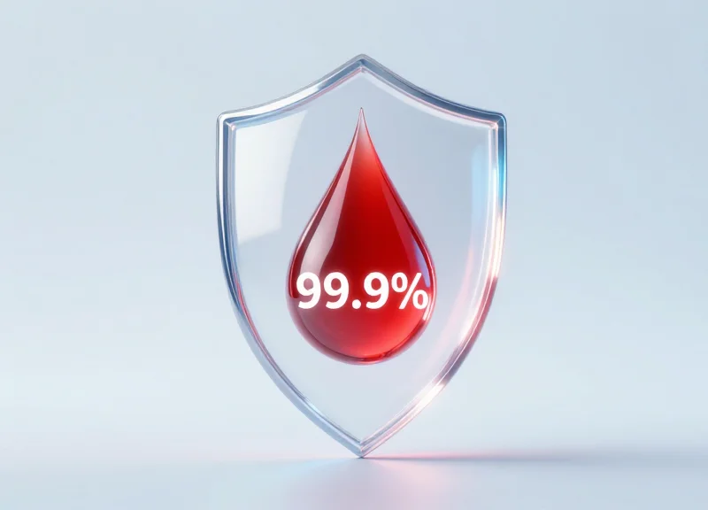 Abstract representation of blood safety and reliability using a glowing shield and blood drop metaphor.